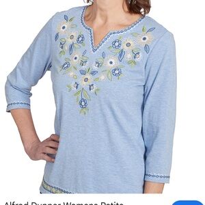 Alfred Dunner Light Blue Floral Embroidered V-Neck Top